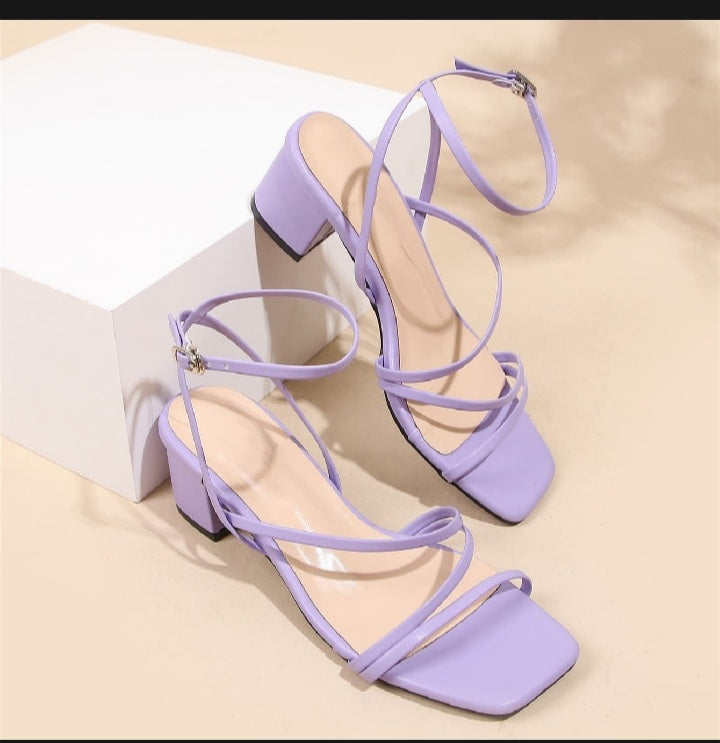 Trendy Block Heel Sandals for Girls – Stylish Strappy Party Shoes – Beige & Purple