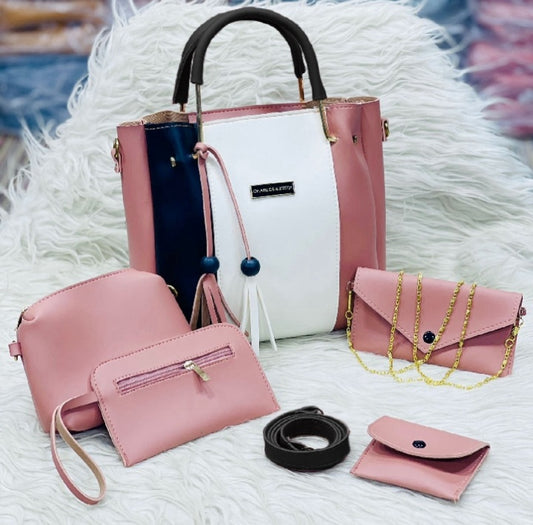 Synthetic Leather 5-piece set with makeup pouch, wallet, and long belt