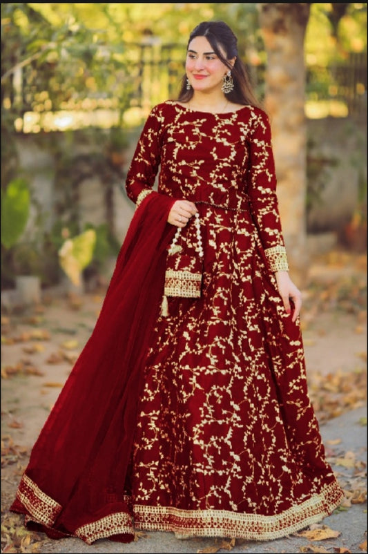 Fancy Shamooz Silk Lehenga Embroidery Four Pieces For Girls