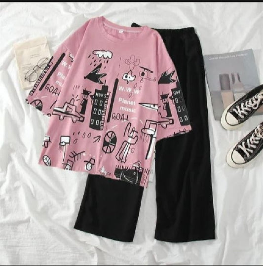 Women oversized Relax In Comfortable Printed T-Shirts and trouser for Girls Cute Mom & Me Pajamas – Matching T-shirt & Trouser Night Suit for Women & Kids Mom & Me Matching Nightwear Set – Cotton Jersey Pajamas for Women & Kids Women & Kids Matching Night