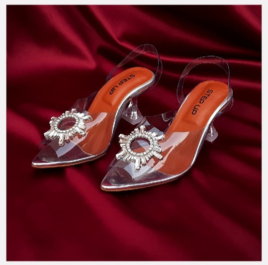 Transparent Pointed High Heel Sandals for Women, Clear PVC with Rhinestones, Elegant Wedding Pumps